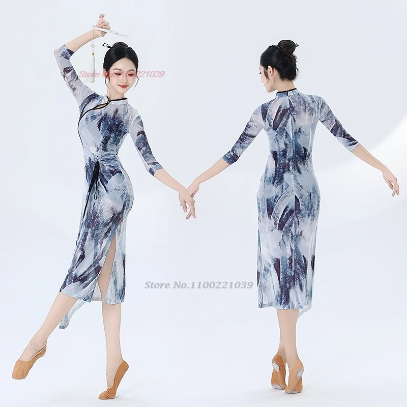 2025 costume da ballo vintage cinese pittura a inchiostro nazionale abito qipao elastico cheongsam performance sul palco pratica abito da ballo