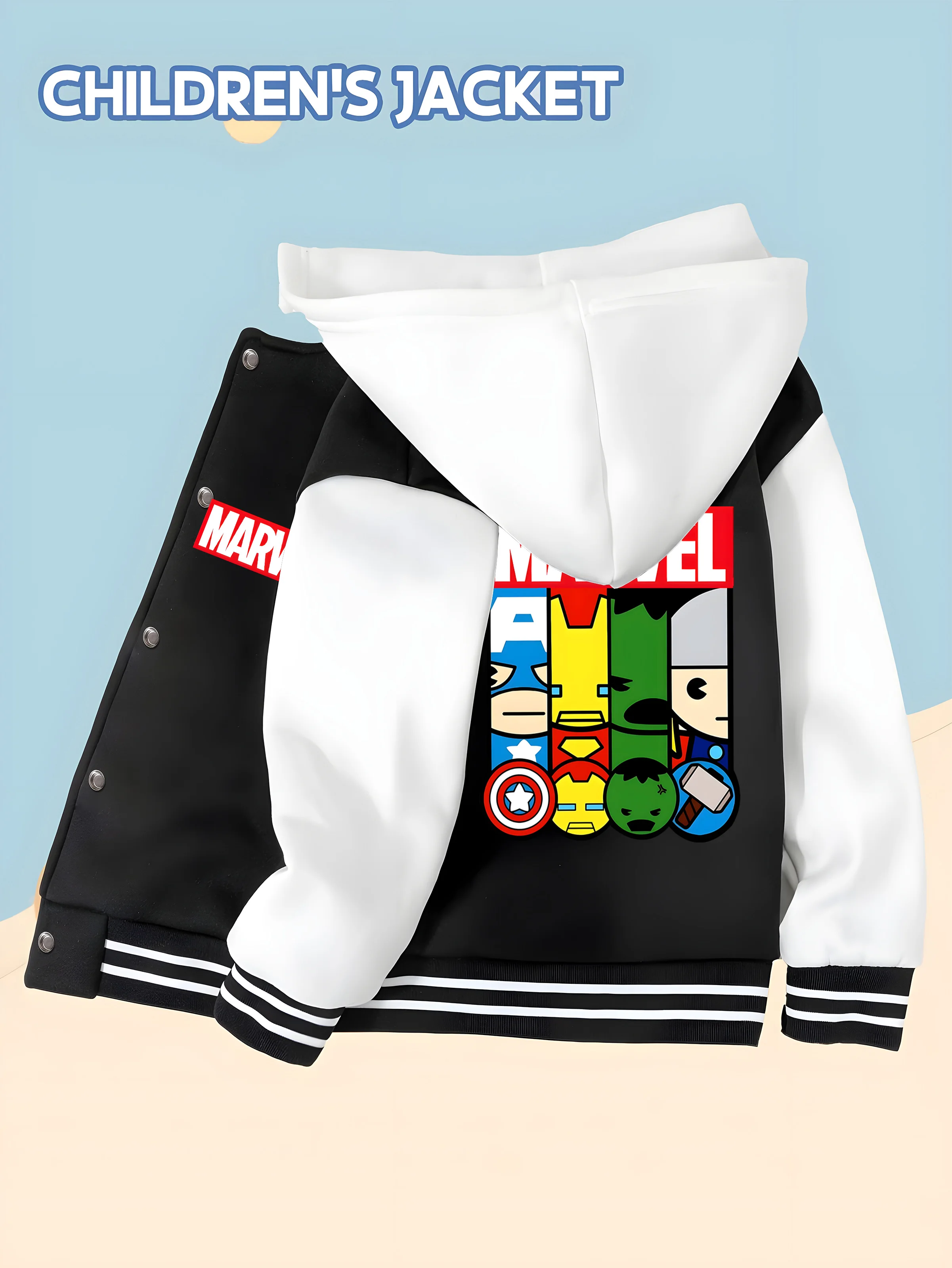 

Бейсбольная куртка MINISO с капюшоном — принт «Герой Мстителей», двусторонний узор, мягкая и удобная ткань, модная и W