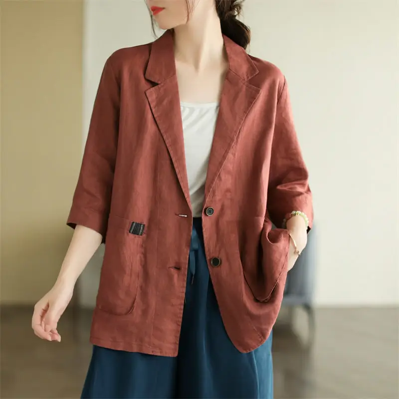 Neue Retro Sand-Gewaschen Leinen Blazer Frauen Casual Anzug Kragen Kurze Jacke Große Größe Lose Dünne Drei-Viertel hülse Top h2055