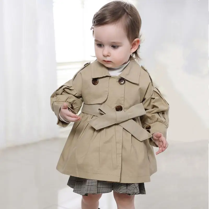 Baby Girls Clothes Spring Autumn Windbreaker Infant Jacket Cotton Kids Coat with Belt Solid Color Korean Outerwear