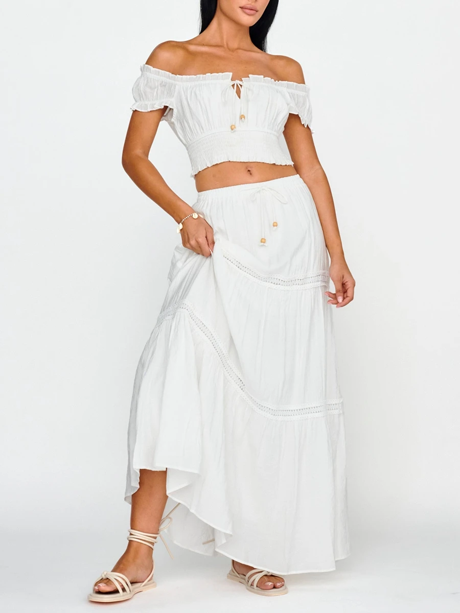 Women’s Y2K Two Piece Maxi Skirt Outfits Off Shoulder Smocked Crop Tops Long Skirt Set Summer Matching Skirt Set