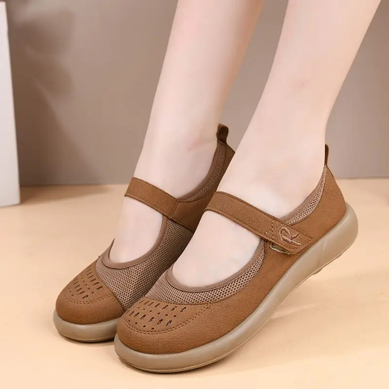 Zapatos Casuales Mary Jane para Mujer 2026, Transpirables, con Malla, Planos, con Correa Ajustable, Cómodos, Color Marrón Claro, para Personas Mayores