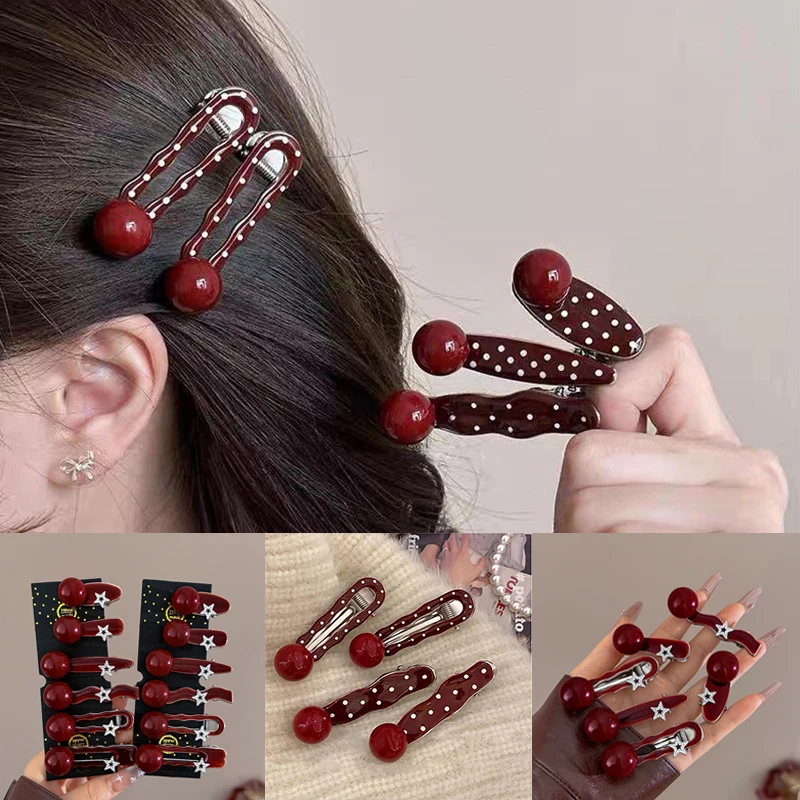 Dark Red Polka Dot Alloy Hairpin Cute Point Sweet Girls Women Duck Bill Clip Bangs Clip New Fashion Headwear Hair Accessories