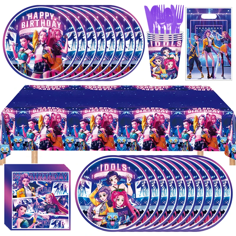 【セール中】新しい Kpop デーモンハンター使い捨て食器セット女の子ハッピーバースデーパーティーの装飾歌手パーティーの記念品ベビーシャワー用品
