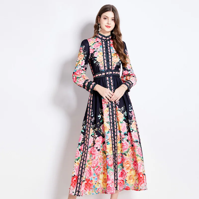 2024 Herbst wunderschöne Blumen druck Urlaub Maxi Robe Vintage Frauen einreihige Laterne Ärmel Blumen gürtel langes Kleid Vestidos