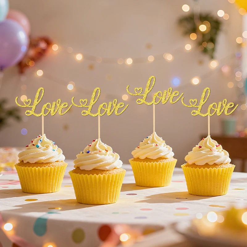 YOMDID 24Pcs Valentine's Day Love Cupcake Toppers Glitter Love Sign Cupcake Picks For Wedding Party Cake Decorations Supplies - view 4