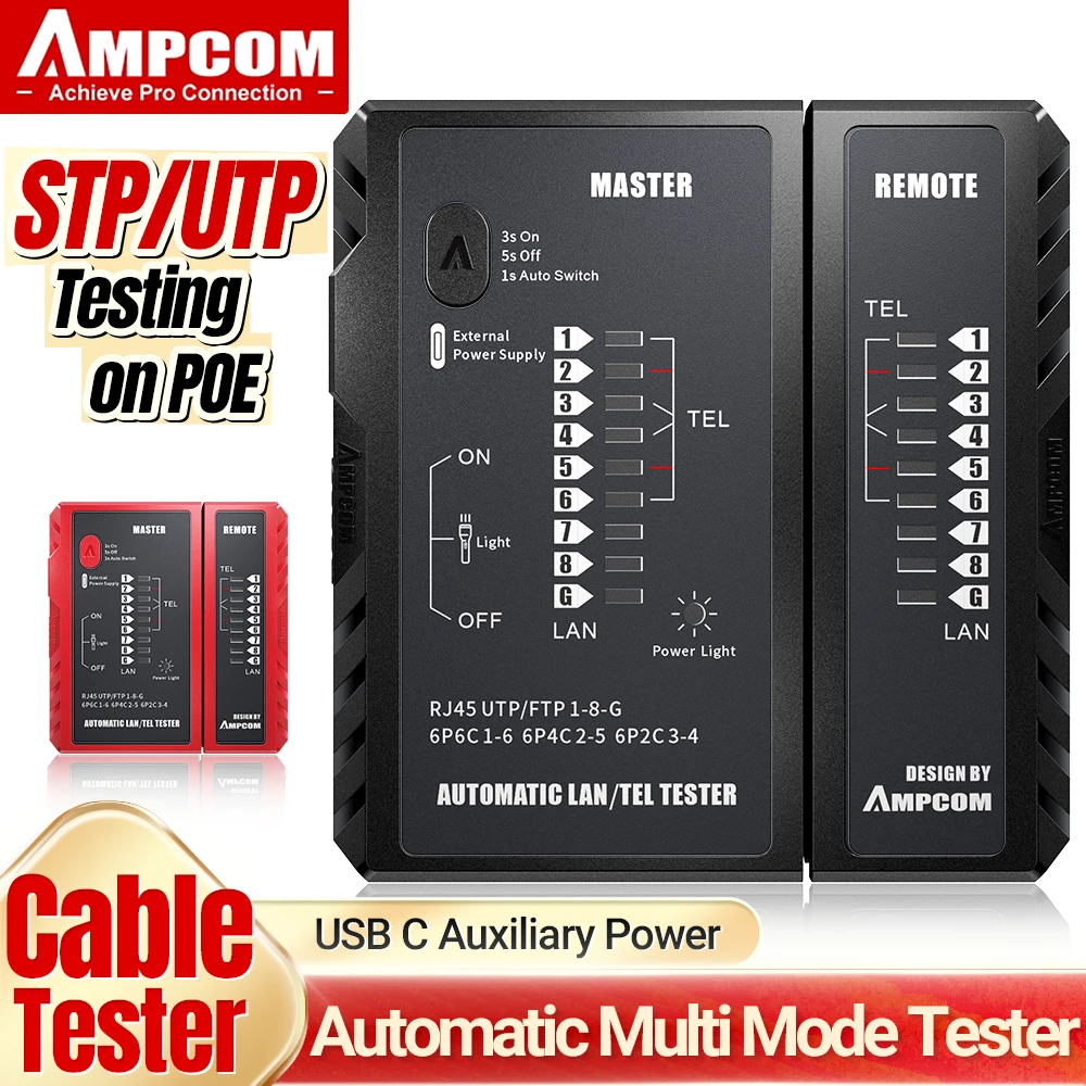 Tester kabli sieciowych AMPCOM, narzędzie do testowania kabli LAN i telefonicznych, narzędzie sieciowe do naprawy Ethernet dla RJ45/RJ11/RJ12/CAT5/CAT6/CAT7/CAT8