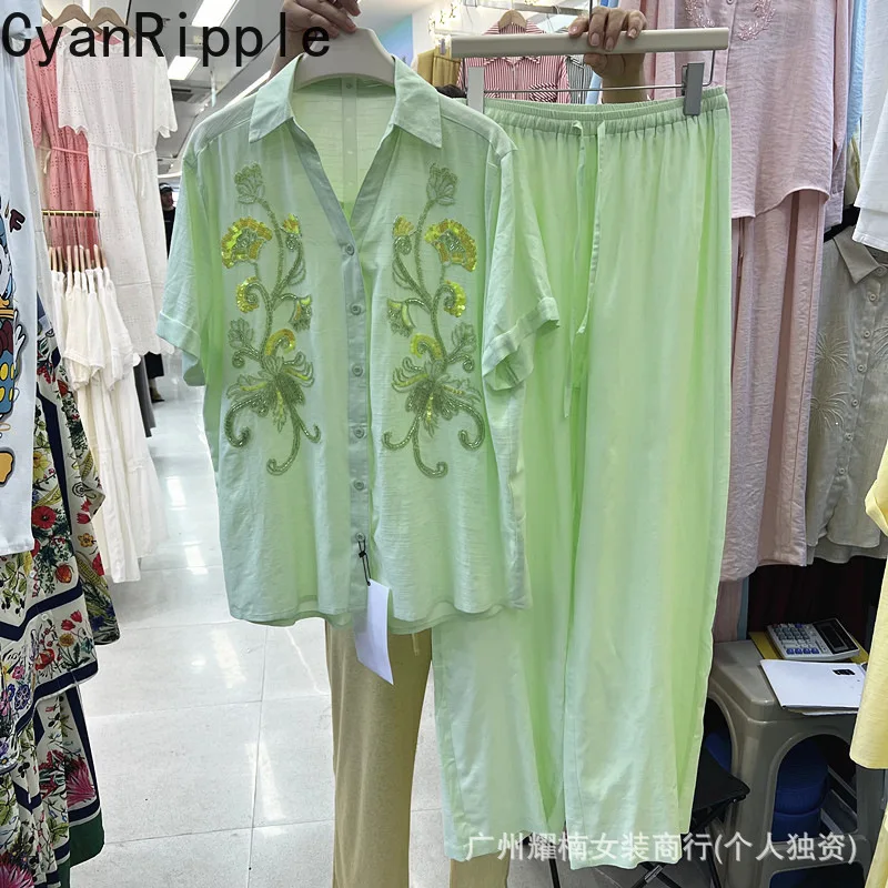 

New Summer Women Green Cotton-linen Sets Sequins Flowers Loose Short Sleeve Shirt Top + Elastic Waist Casual Straight Pants