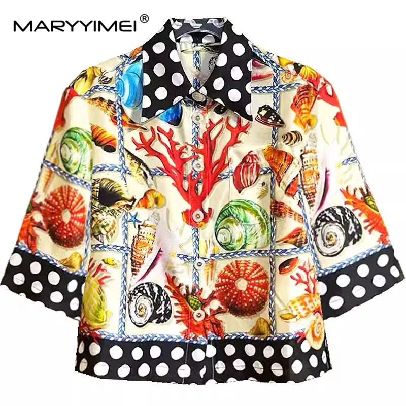 MARYYIMEI Summer Women\'s Suit Turn-Down Collar Single-Breasted Half Sleeved Silk Tops+Dots Print cotton skirt 2 Piece Set