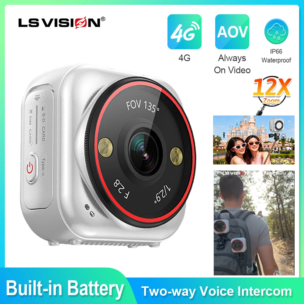 LS VISION Cámara para Motocicleta Mini Grabadora IA 7/24 en Vivo 4G Cámara Deportiva de Acción de Bolsillo para Bicicleta Vlog Cámara Corporal para Mascotas Visión Nocturna
