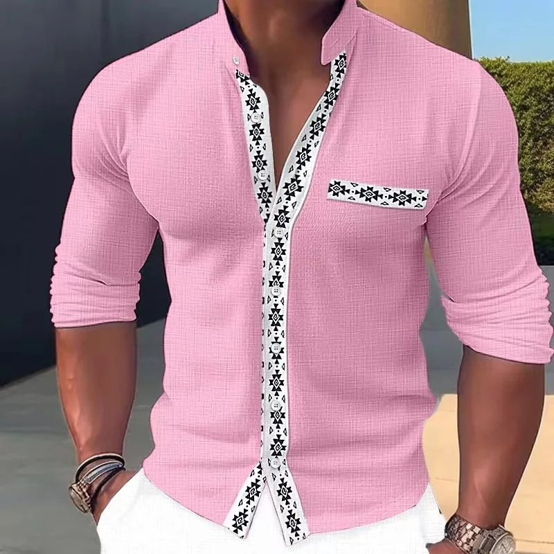 Camisa de color de contraste de moda para hombres, cuello levantado, camisa delgada con botones, top versátil de manga larga para oficina de