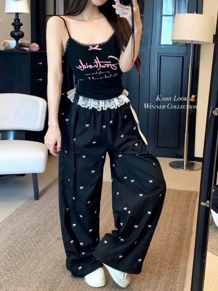 

ADAgirl Lace Bows Embroidery Pants Women Y2k Streetwear Casual Loose Patchwork Korean Style Trousers Harajuku Chic Mujer Bottoms