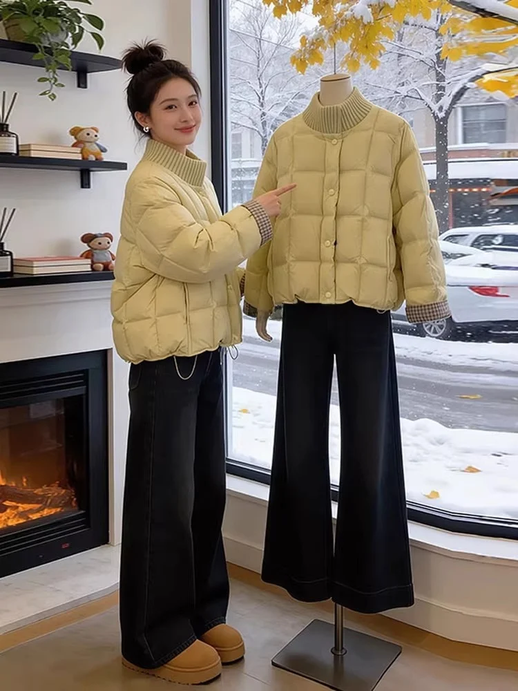 

Slimming Thiened Loose Korean Sle Women's Cotton Jaet Beautiful Plaid Sve Caps round Ne Winter Outerwear Coat