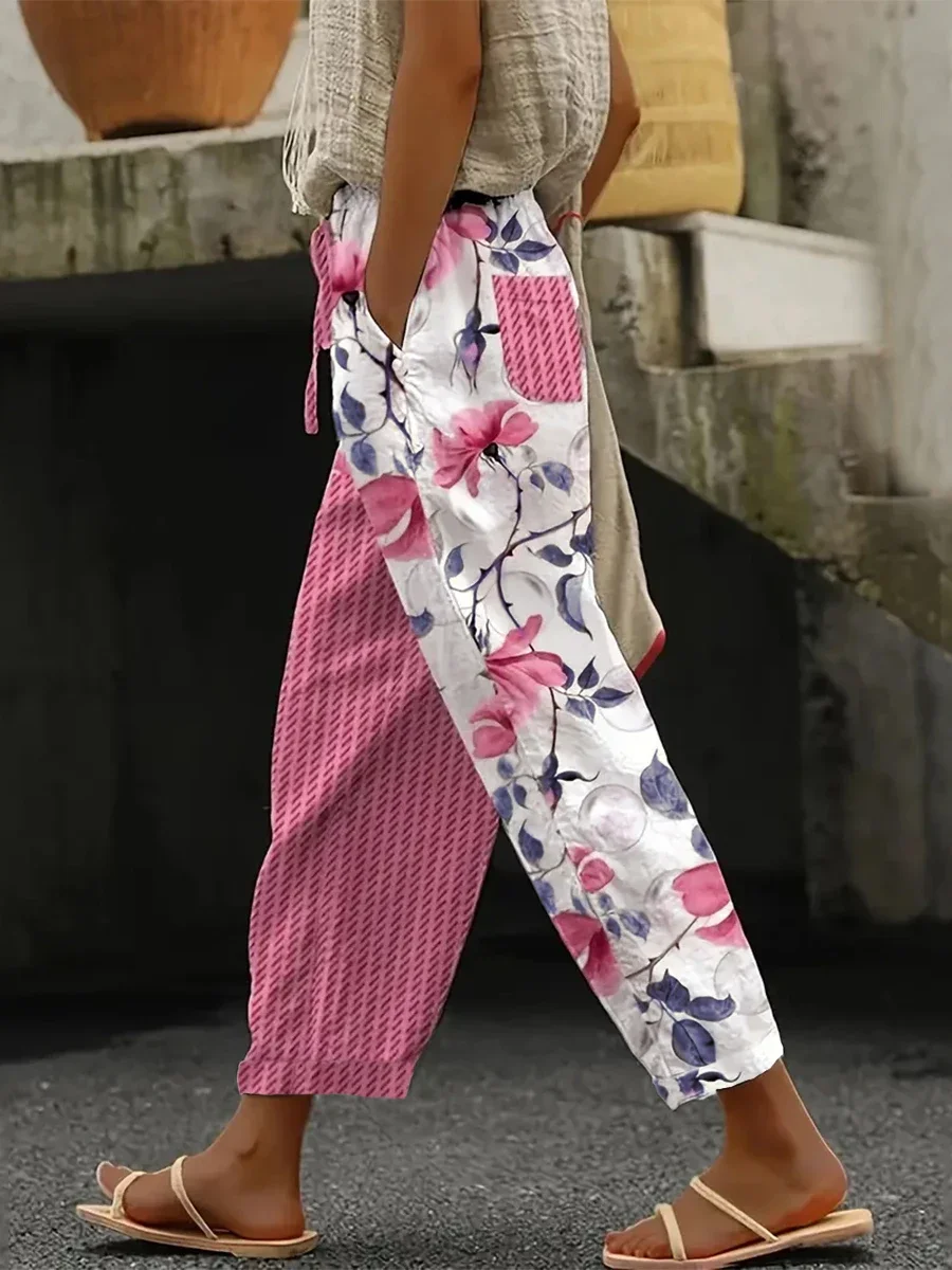 Hot Sale Women Baggy Boho Streetwear Trousers Vintage Floral Print Patchwork Elastic Waist Wide Leg Pockets Casual Daily Outfits