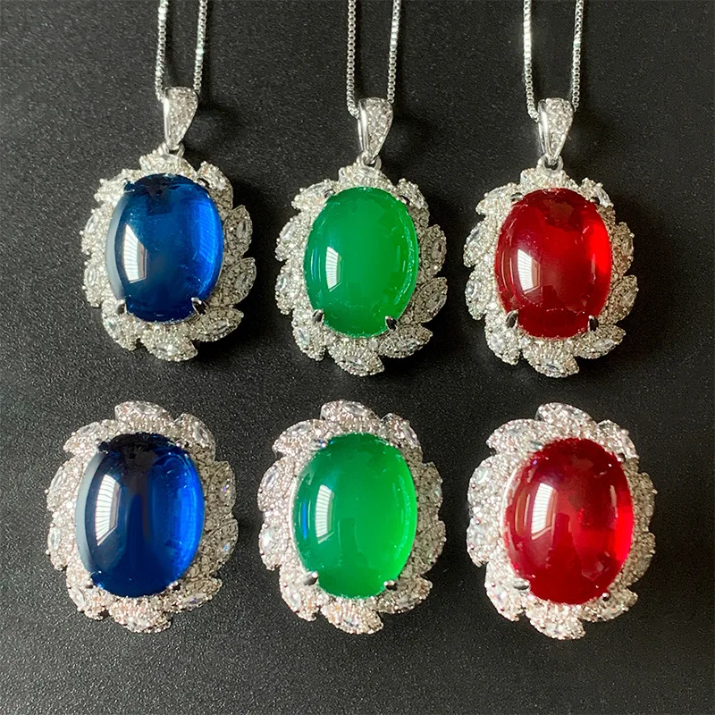 Jewelry set with diamond-plated jadeite, ice-type chalcedony with fluorescence, 15*20
