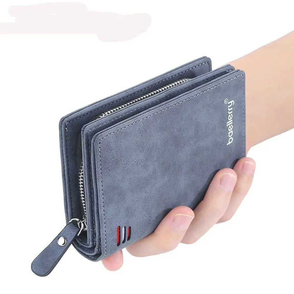 

New Frosted Leather Men's Short Wallet Solid Color Multi-slot Card Holder Zipper Large Capacity Coin Purse