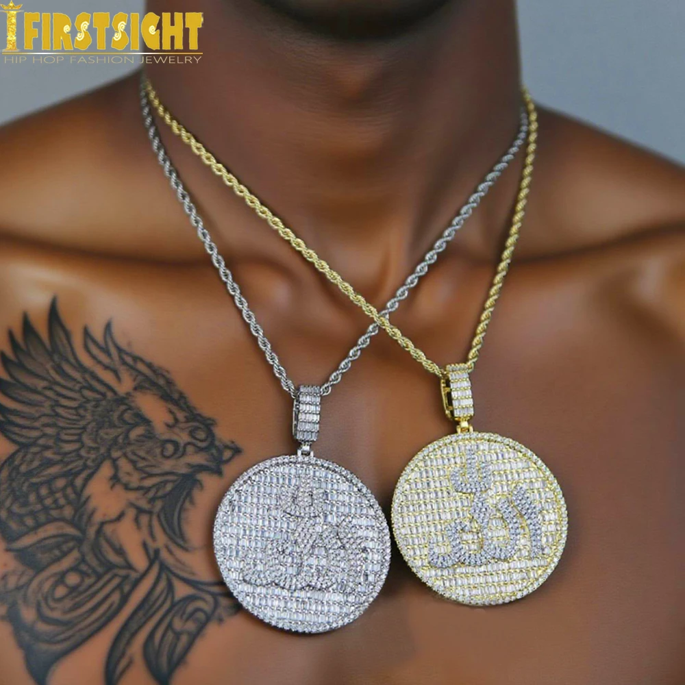 New Iced Out Bling Muslims Allah Pendant Necklace Silver Color Pave Zircon Rectangle CZ Round Charm Women Men Hip Hop Jewelry