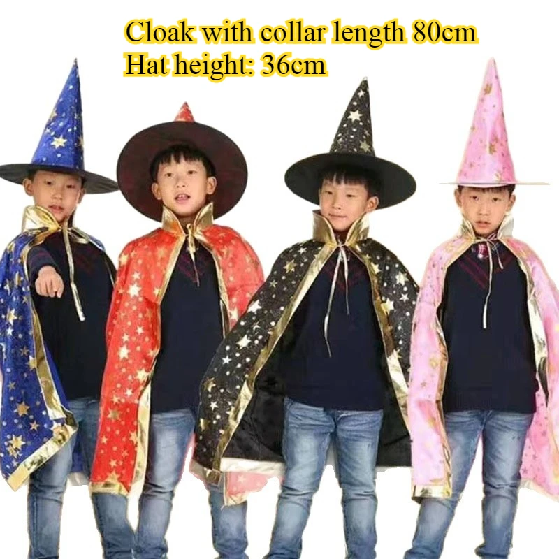 2pcs Halloween Cloak Children's Performance Costume Little Witch Magician Cosplay Five Star Cloak Hat Set Holiday Dress Up
