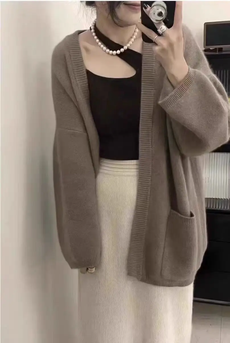 European goods autumn and winter knitted cardigan women's 100% pure wool sweater medium and long cashmere sweater coat women