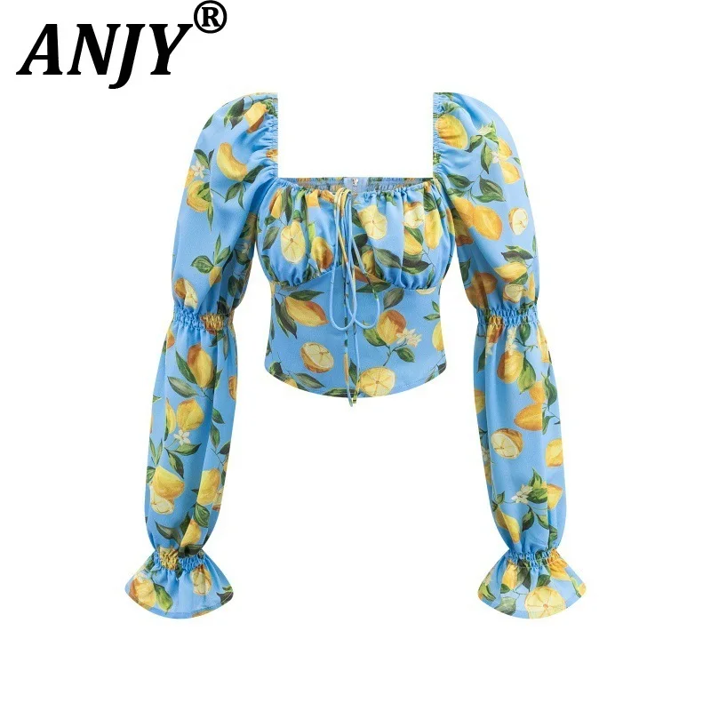ANJY 2026 Spring Summer New Women French Fashionable Fresh Lemon Print Flared Sleeve Slim Fit Top Chic Ins Tide Versatile A19191