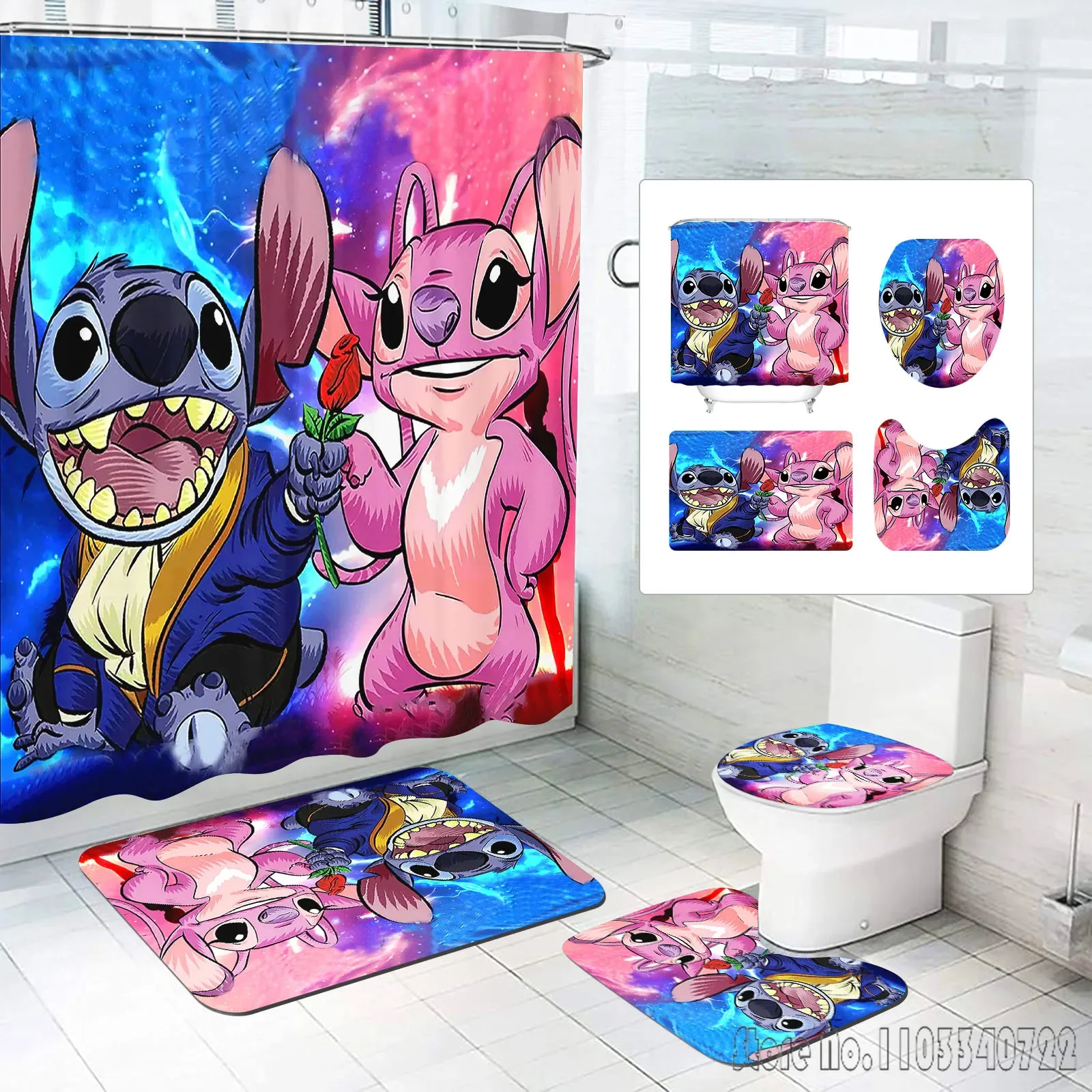 Stitch Angle Disney Bath Shower Curtain Set 4pcs with Hooks Waterproof Bathroom Toilet Mat Lid Decor