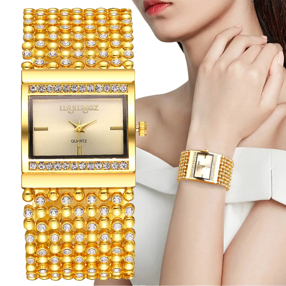 

Ladies Luxury Diamond Set Square Quartz Watch Fashion Simple Stainless Steel Skeleton Women Clock Dress Watches