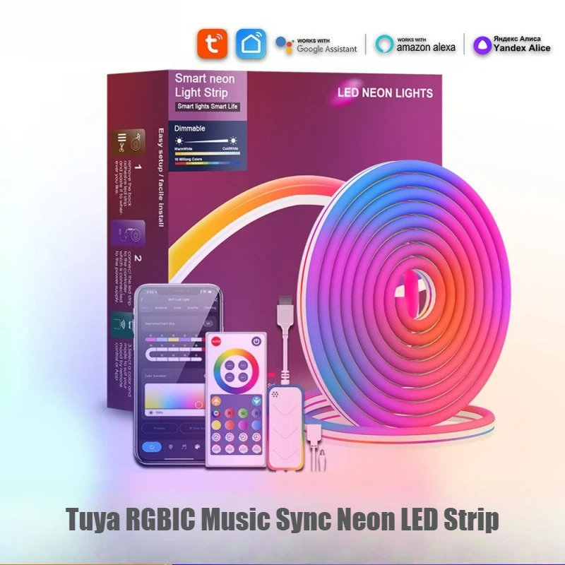 Tuya WiFi RGBIC Neon LED Strip, Music Sync Light Strip, DIY Flexible Shape Works with Alexa Google