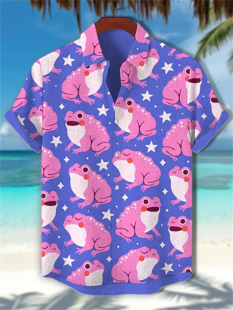 新しいメンズリネンヘン3D桜アニマルプリントシャツ半袖シャツハワイアンメンズファッショナブルカジュアルトップ