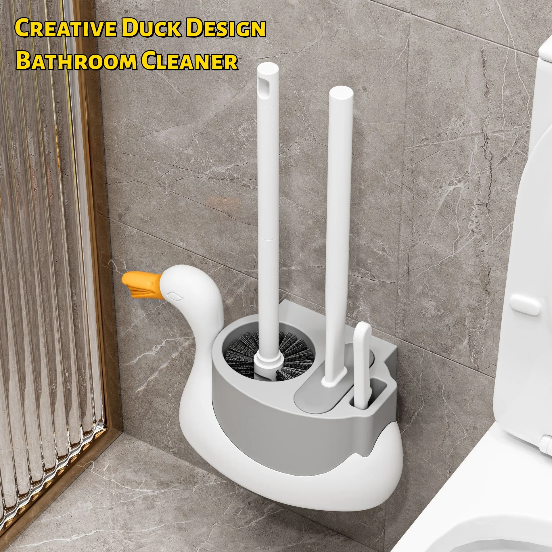 

3-in-1 Duck-Shaped Toilet Brush Set with TPR Soft Bristles & Non-Slip Handle - Cute Duck Bathroom Cleaning Tool for Toilet, Bath