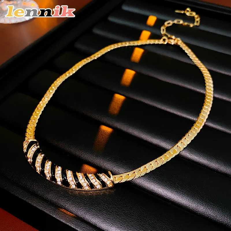 LENNIK سلسلة الترقوة المطلية بالذهب الحقيقي الماس، قلادة عتيقة على شكل قوس يقطر الزيت، مجوهرات نسائية فاخرة خفيفة #6