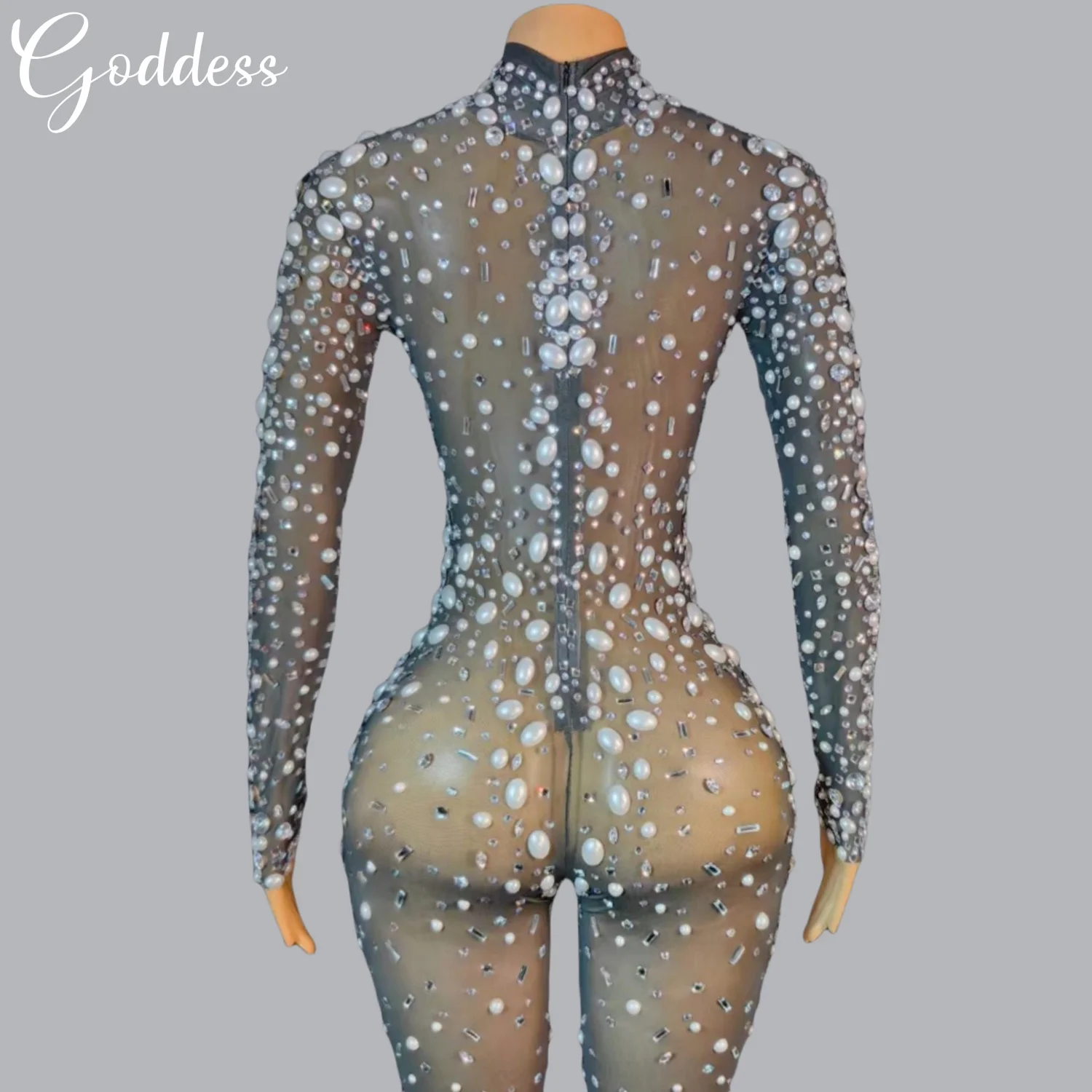 Sparkly Silver Rhinestones Pearls Jumpsuit Women Sexy Black Mesh Bodysuit Birthday Bar Party Outfit Performance Show Stage Wear