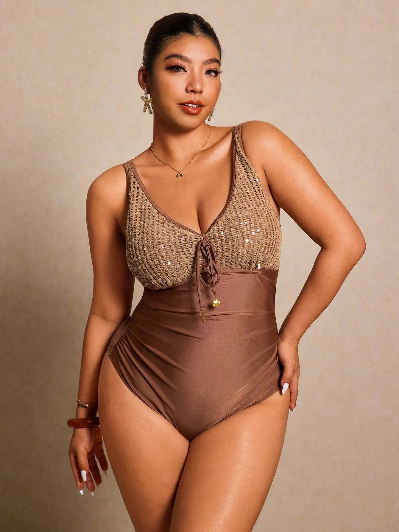 

Plus Size Women's Sequin Patchwork Front Tie One Piece Swimsuit Beach Vacation Swimwear