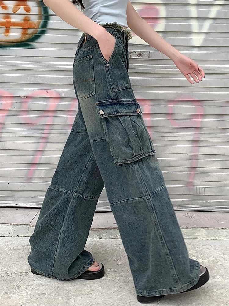 Women\'s Y2k Baggy Cargo Jeans Aesthetic Oversize Denim Trousers Harajuku Vintage Jean Pants Japanese 2000s Style Trashy Clothes