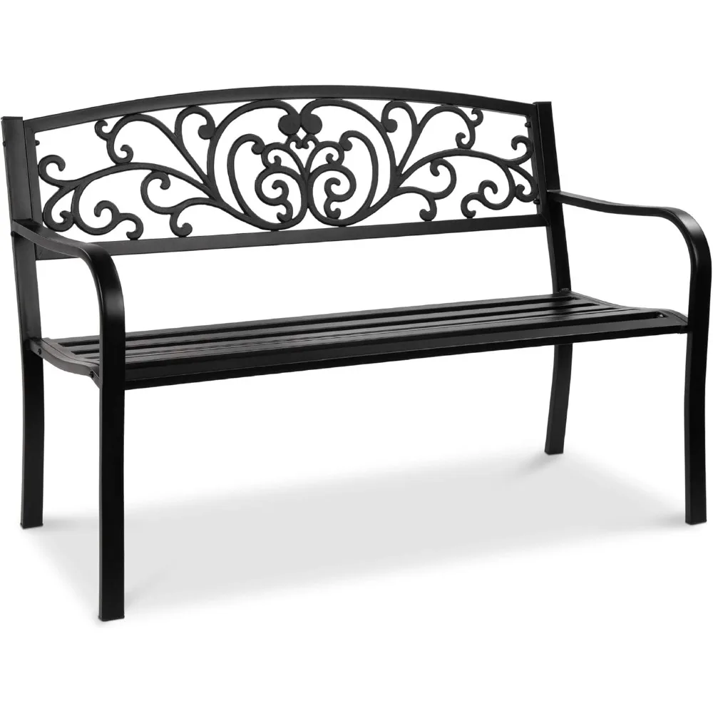 Best Choice Products Outdoor Bench Steel Garden Patio Porch Furniture for Lawn, Park, Deck w/Floral Design Backrest,Slatted Seat