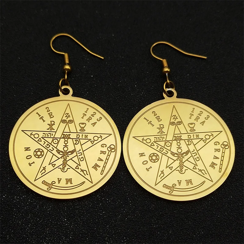 Witchcraft Gothic Gold Color Pentagram Hoop Earrings for Women Stainless Steel Original Tetragrammaton Solomon Amulet Jewelry