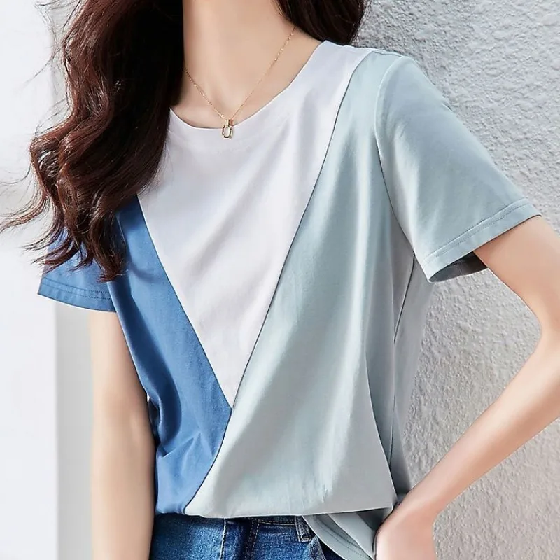 2023 Summer New Simple Short Sleeve T-shirt Women's Versatile Contrast Color Slim Commuter O-Neck Casual Fashion Oversized Tops