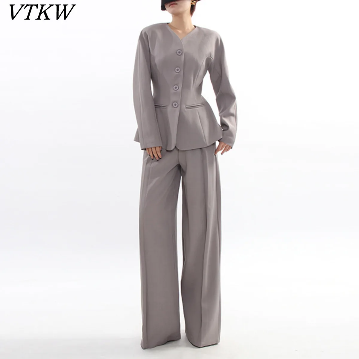

VTKW Women's Grey Two Piece Set V Neck Single Breasted Blazer with Wide Leg Pants Tapered Waist Casual Chic Fall Winter New