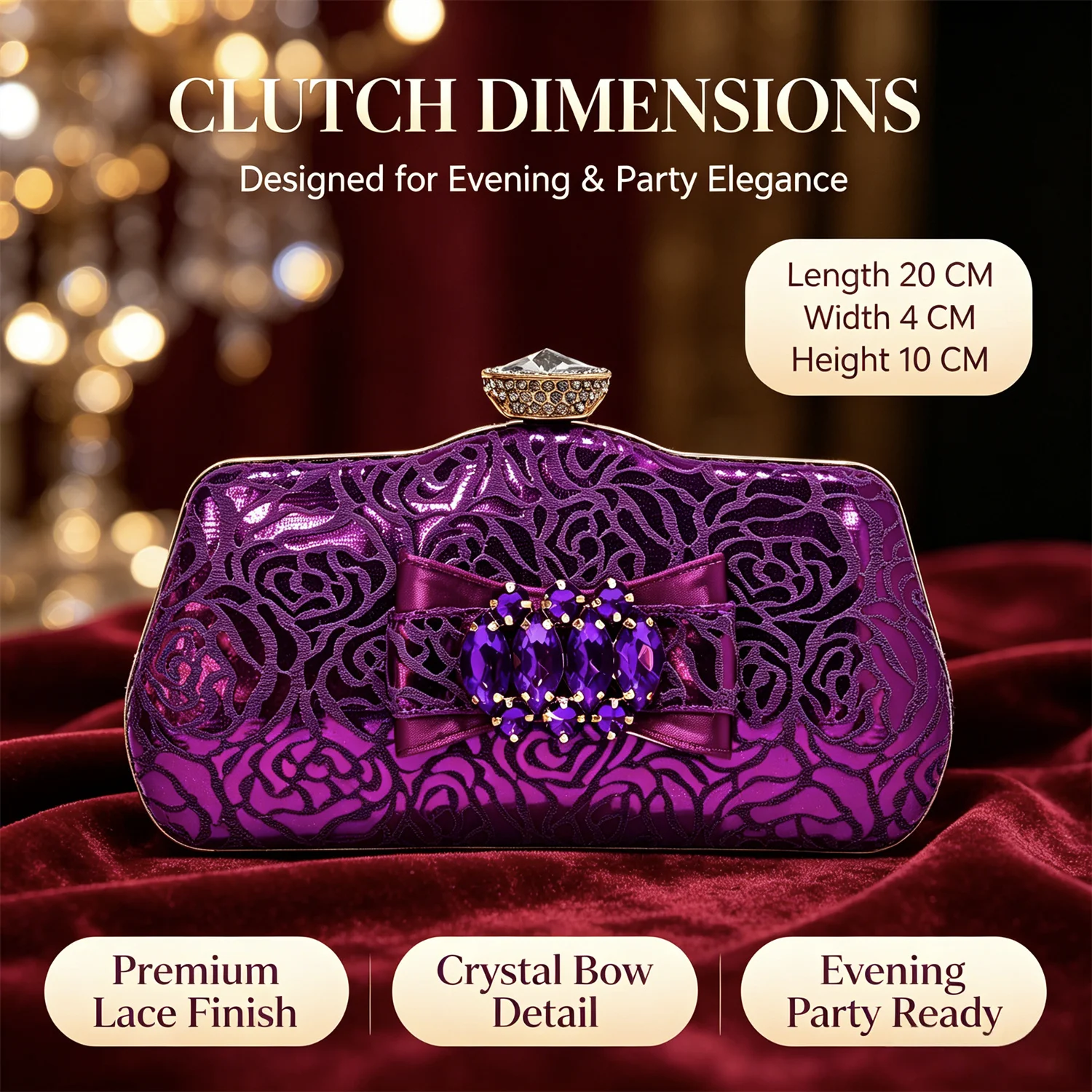 Conjunto de zapatos y bolso de mujer con encaje de satén morado de lujo, tacón de bloque con lazo de pedrería, sandalias abiertas, para bodas, fiestas y eventos nocturnos.