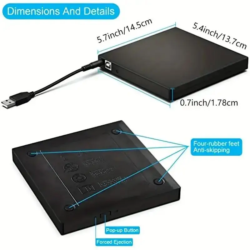 محرك أقراص DVD خارجي USB، محرك أقراص CD-RW خارجي رفيع قابل للحماية USB 2.0 مشغل موقد DVD-ROM لأجهزة الكمبيوتر المحمولة والكمبيوتر المكتبي