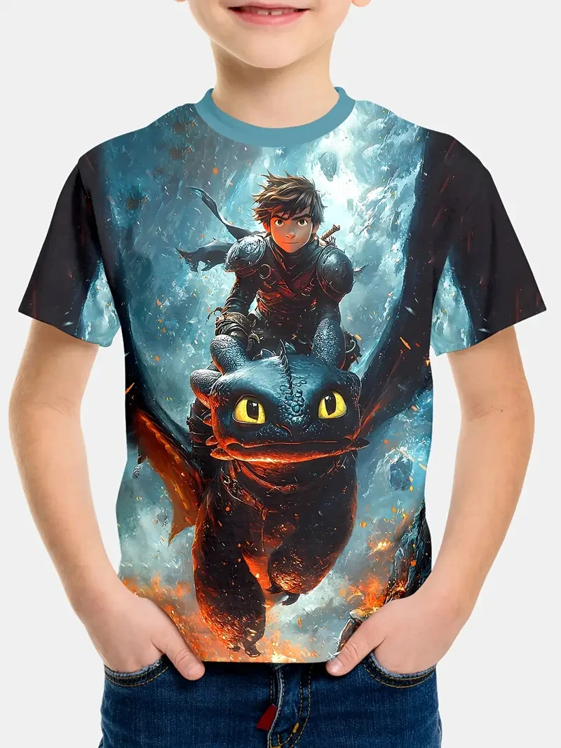 T-shirt classica fantasia drago e cavaliere modello avventuroso stampato per bambini T-shirt moda quotidiana per ragazzi e ragazze Top casual da strada