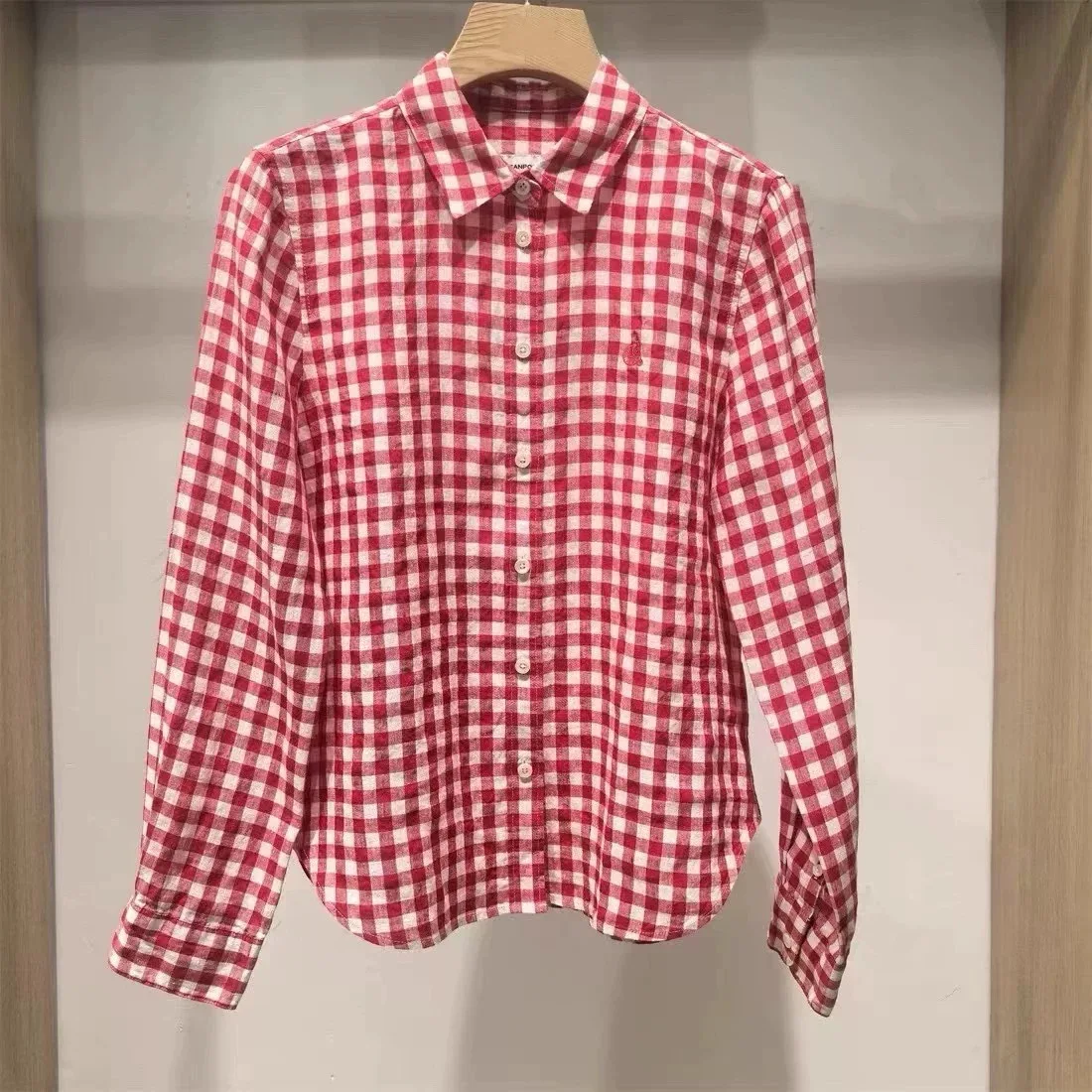 Koszula damska Lemon Cheese BP25, jesienna, z haftowanym kołnierzykiem, w kratę, długa, lniana, uniwersalna, wyszczuplająca, biznesowa, codzienna, irt