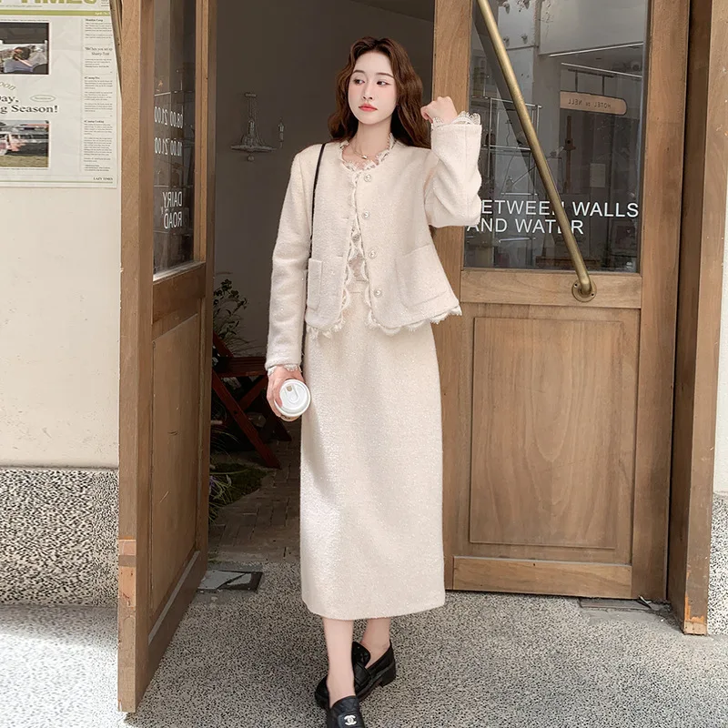 

Small fragrant style two-piece women autumn and winter coarse tweed patchwork lace short temperament jacket+half skirt