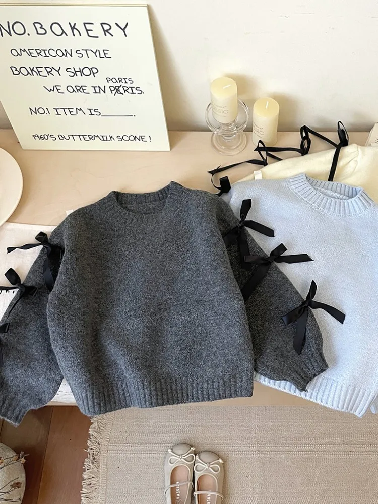 

Корейский свитер с узлом для девочек, осень 2024, милый круглый вязаный свитер, модная одежда для маленьких девочек