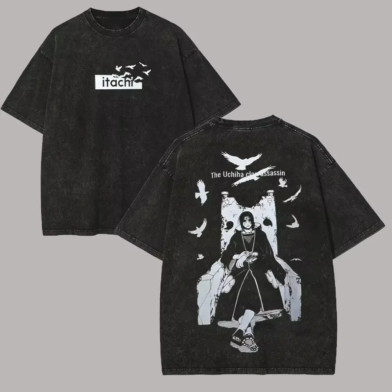 Naruto Manga Tee Vintage Washed Retro Anime Harajuku Streetwear Mens Graphic Clothes Top Itachi Uchiha Throne Vintage T-shirt