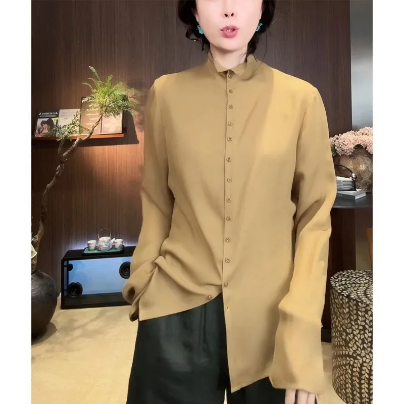 

2025 Spring New Fashionable Long-sleeved Shirt for Women's Retro Loose Slim Design Stand Collar Casual Versatile Shirt