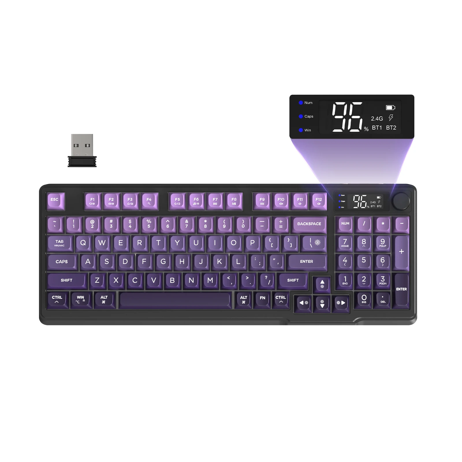 ZIYOU LANG M96 – kabellose Gaming-Tastatur mit Display und Drehregler, Bluetooth-/2,4-GHz-Membrantastatur mit leisem Betrieb, 3000-mAh-Akku, wiederaufladbar.