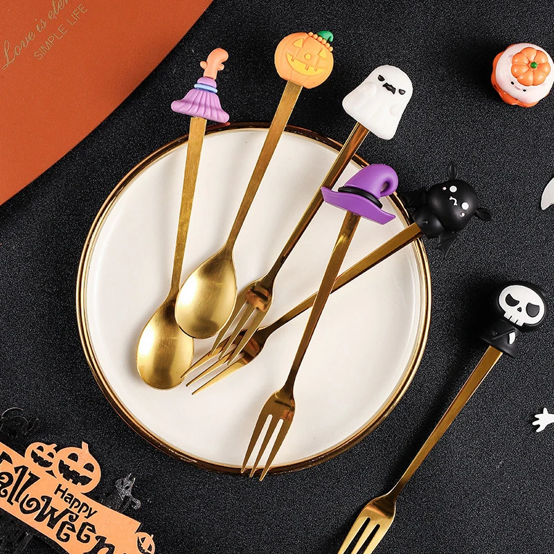 Couverts de table à manger en acier inoxydable, fourcommuniste à café, cadeaux d'Halloween, fournitures de fête, souvenirs de sorcière fantôme chauve-souris