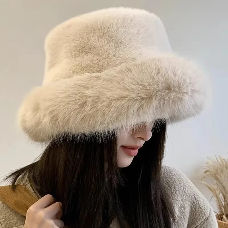 2024 New Fluffy Faux Fur Bucket Hats Women Warm Soft Thick Plush Autumn Winter Hat Lady Fashion Luxury Furry Fisherman Cap Y2k