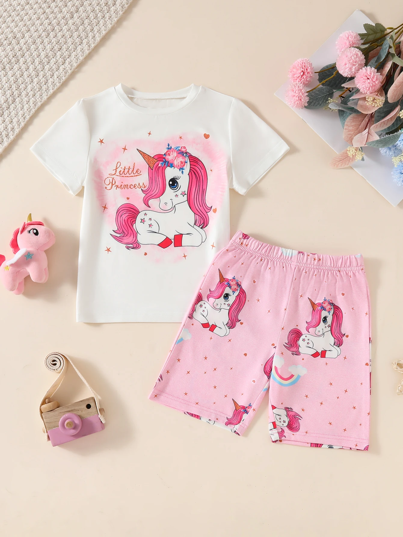 

Girls 2pcs Cartoon Unicorn Print Summer Cozy Loungewear, Short Sleeve Crew Neck T-shirt Top & Short Set, Sweet Pattern Comfy Br