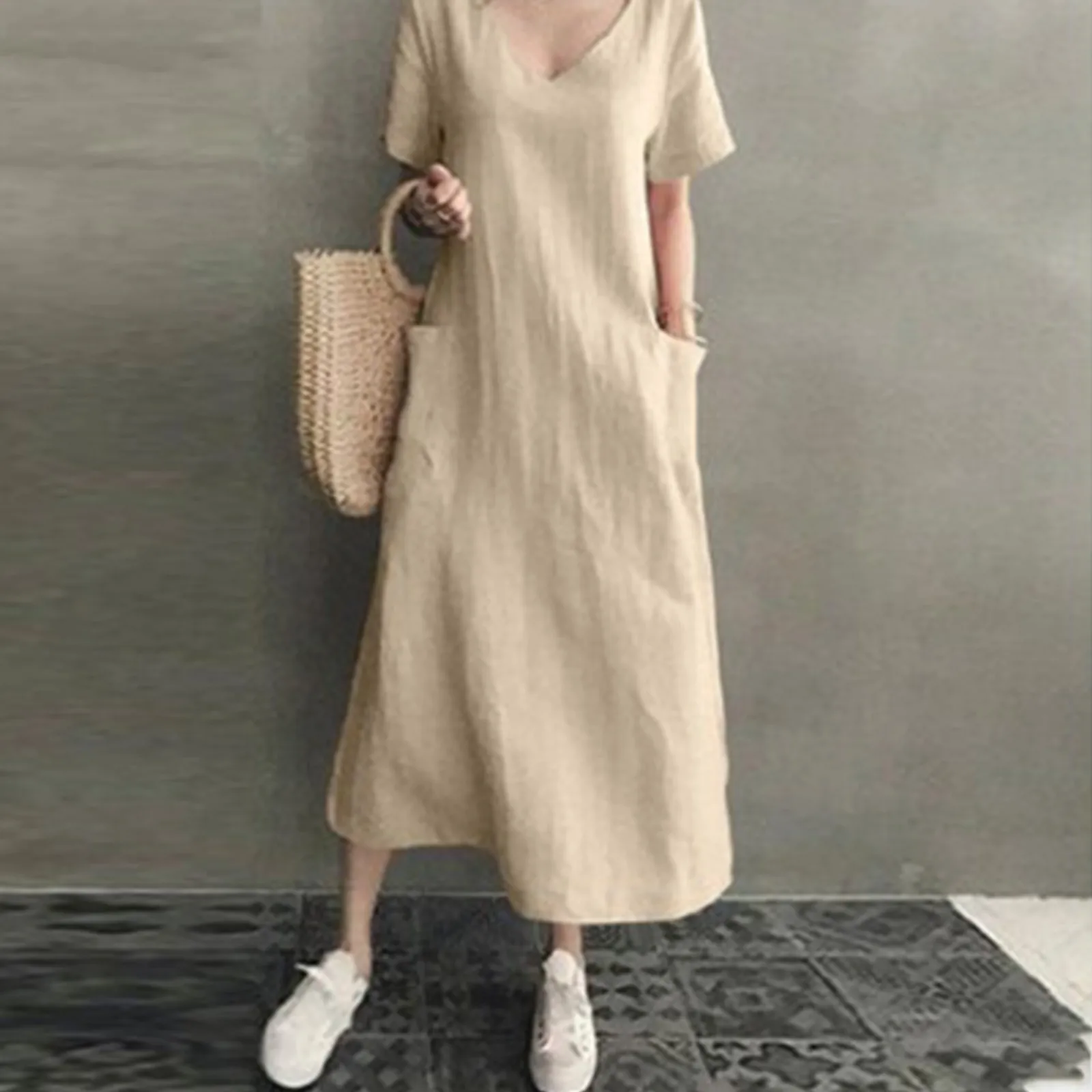 Women Loose T Shirt Dress Causal Short Sleeved Cotton Linen Long Dresses With Pocket Summer Solid Color Pullover Dress For Women